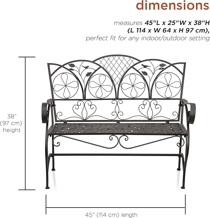 Alpine Corporation 45" Long Outdoor Metal Classic Bench with Stylish Patterns, Garden Furnitures - Brown