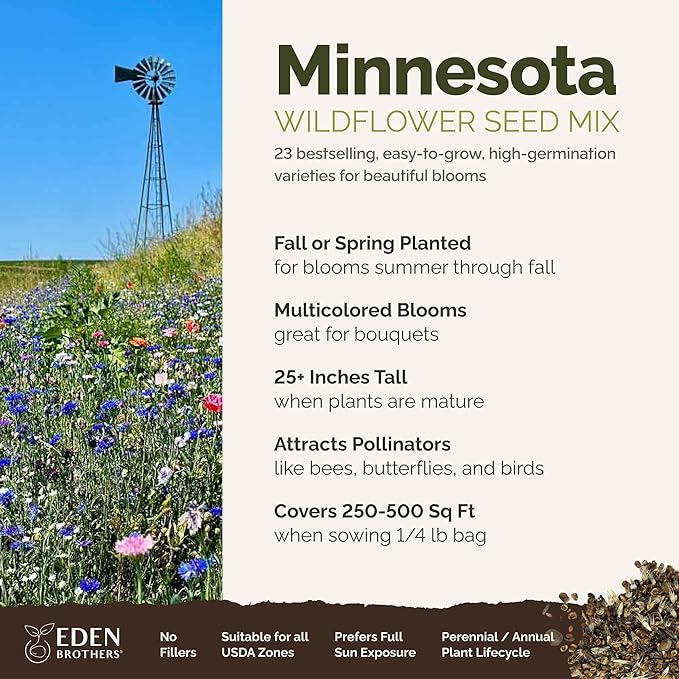 Eden Brothers Minnesota Wildflower Mixed Seeds for Planting, 1/4 lb, 120,000+ Seeds with Cornflower, Blanket Flower | Attracts Pollinators, Plant in Spring or Fall, Zones