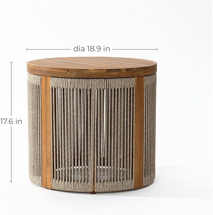 LuxenHome Outdoor Coffee Table, 17'' Tall Rope Modern Acacia Wood Outdoor Side Table for Patio, Garden Accent Round End Tables for Outside, Wooden Drum Table Indoor and Outdoor