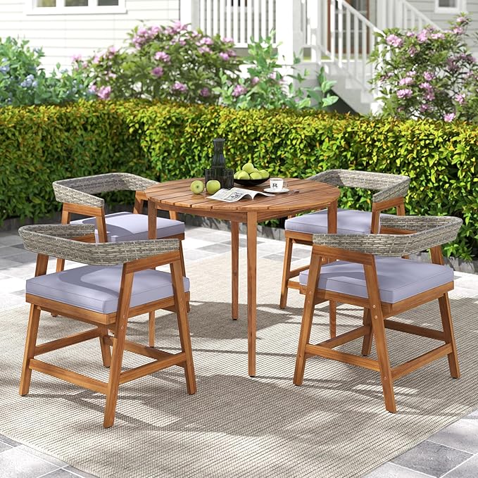 Tangkula 5 Piece Patio Dining Set for 4, Outdoor Solid Wood Round Table with Cushioned Chairs, for Deck, Lawn, Garden and Poolside
