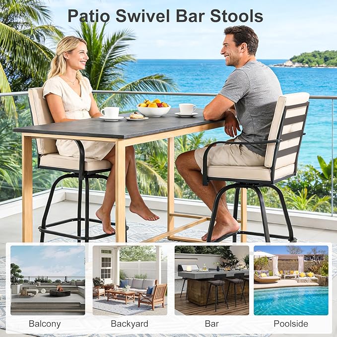 Outdoor Swivel Bar Stools Set of 6,Bar Height Patio Chairs with Cushions and High Backrest, All Weather Patio Bar Stools Furniture for Bistro Lawn, Pool, Garden and Backyard,Light Brown