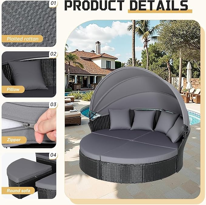 Incbruce Patio Round Daybed with Retractable Canopy, Black Wicker Rattan Sectional Sofa Furniture Set with Separated Cushion Seats for Patio, Porch and Backyard (Black)