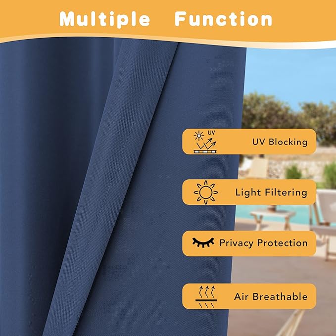 HolidayIdeas Extra Wide Outdoor Curtains for Patio Waterproof, 2 Panels - 110 x 84 Inch - Privacy & Light Filtering Curtains Grommet Outside Curtains for Porch, Gazebo, Pergola, Backyard (Navy)