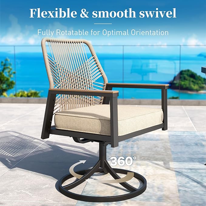 Patio Dining Set 9 Piece, 8 x Woven Rattan Swivel Chairs with Waterproof Cushion, 60" Square Metal Dining Table with Umbrella Hole, Outdoor Table and Chairs Set for Backyard Lawn and Deck, Beige