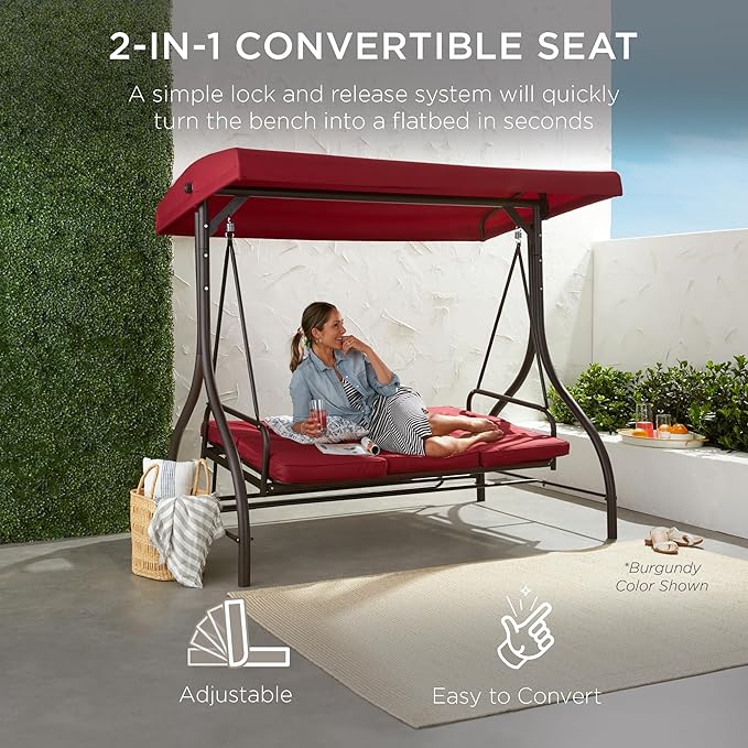 Best Choice Products 3-Seat Outdoor Large Converting Canopy Swing Glider, Patio Hammock Lounge Chair for Porch, Backyard w/Flatbed, Adjustable Shade, Removable Cushions - Dark Rust