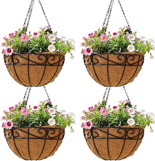 12 inch Metal Hanging Baskets For Plants Outdoor 4 Pack Round Metal Wire Hanging Basket Planter with Coco Fiber Liners Chain Round Wire Plant Holder for Garden, Patio, Deck, Porch Plants Flower Potss