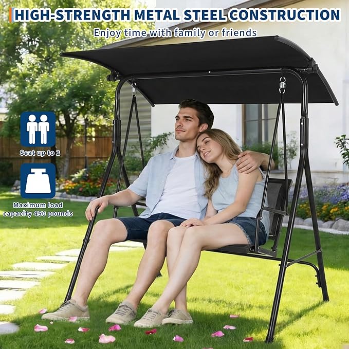 2-Seat Outdoor Patio Porch Swing with Stand, Waterproof Textilene & Adjustable Canopy, Steel Frame Swing Outdoor Chair for Backyard, Front Porch, Lawn, Garden