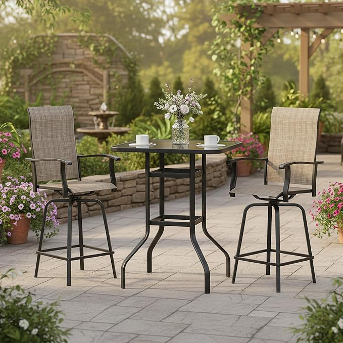 3-Piece Patio Bar Set with Textilene Swivel Bar Stools, All-Weather Bar Height Tempered Glass Table and Chairs for Lawn, Garden, Balcony, Deck, Backyard, Rustproof Frame