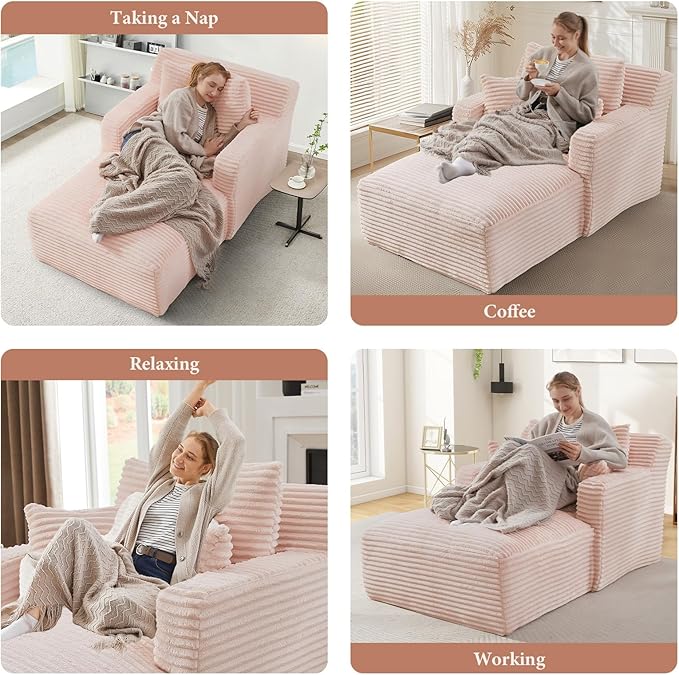 65.4" Chaise Lounge Chair Indoor, Oversized Boneless Couch Comfy Upholstered Sleeper Sofa Bed with 3 Pillows, Corduroy Cloud Reading Chair for Living Room No Assembly Required, Pink