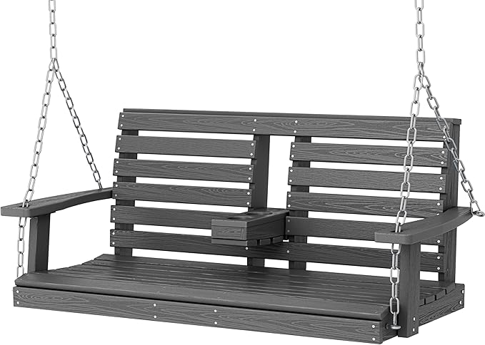 KINGYES Outdoor Hanging Porch Swing, 2 Seat Patio Chair With Cup Holders, Waterproof Bench for Courtyard & Garden, 660LBS Weight Capacity, Gray