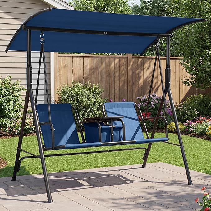 Porch Swing with Cup Holders & Pivot Storage Table & Cooler Bag with Adjustable Canopy for 2 Person Patio Swing for Backyard Balcony Poolside Red Blue