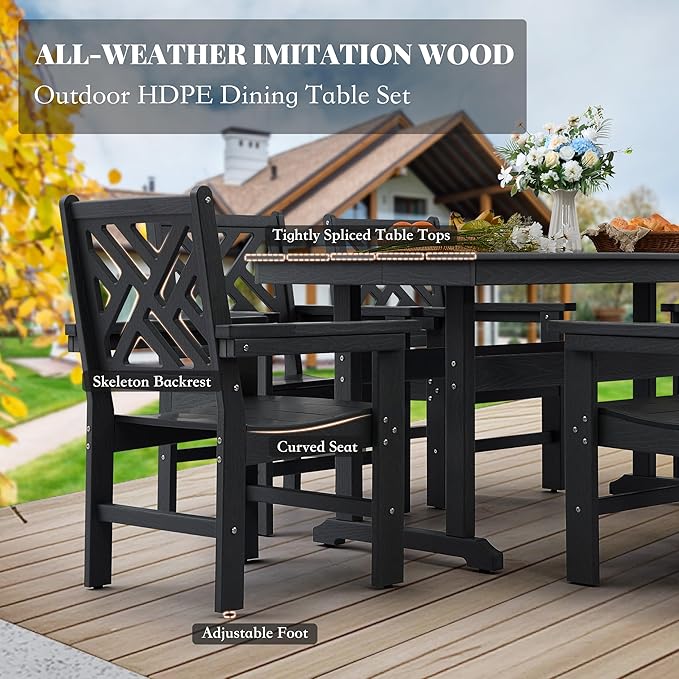 HDPE Dining Table Set for 4,5-Piece Outdoor Table and Chairs Include 4 Dining Chairs and 62.5" Patio Dining Table with Umbrella Hole (Black)
