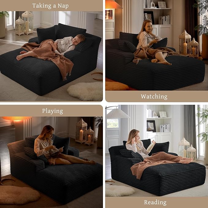 66" Chaise Lounge Chair Indoor, Oversized Boneless Couch Comfy Upholstered Sleeper Sofa Bed with 3 Pillows, Corduroy Cloud Reading Chair for Living Room No Assembly Required, Black