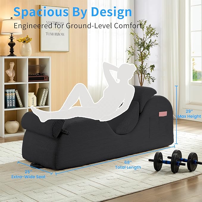 ijuicy 25" Wide Corduroy Yoga Chair, Yoga Lounge Chair for Adults, Chaise Lounge Chair Indoor/Yoga Lounger with Headrest, Waist Cushion, Movable Footrest, Side Pockets, High Density Sponge-Dark Grey