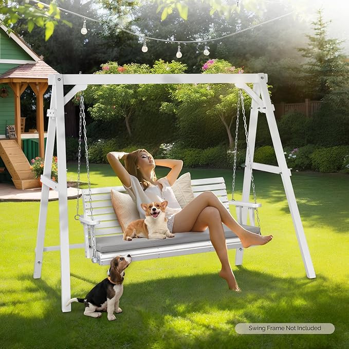 VINGLI Wooden Porch Swing, Heavy Duty 880 LBS Hanging Patio Bench with Extra Cushion for Lawn| Garden| Courtyard (White, 5 feet)