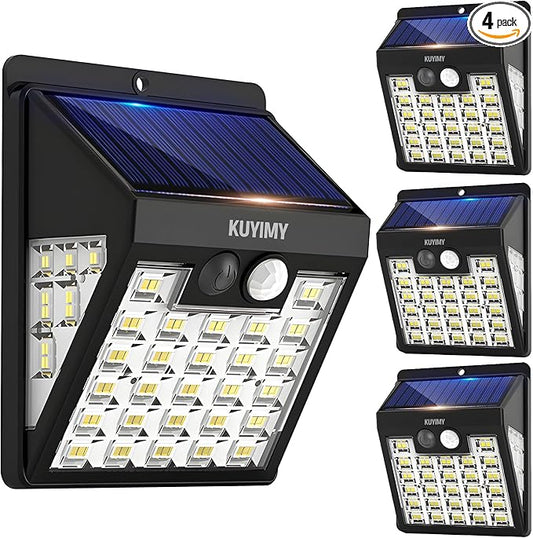 Solar Lights Outdoor, 72 LED Motion Sensor Wall Light, IP65 Waterproof and 3 Lighting Modes, Solar Powered Security Wireless Light Outside for Patio, Garden, Fence, Porch, Front Door (4 Packs)