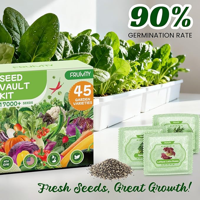 45 Vegetable Seeds Variety Pack - 17,000+ Non-GMO Heirloom for Planting Indoor & Outdoor Garden - Seed Vault Kit with Tomato, Cabbage, Spinach, Cucumber, Lettuce - Friend Gift