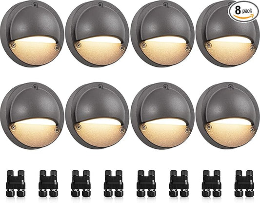 SUNVIE Low Voltage Deck Lights with Fastlock2 Wire Connector 5W LED Landscape Step Stair Lights Outdoor Accent Lighting Garden Post Fence Light 3000K 12-24V AC/DC 3.2FT ETL Listed Cord, 8 Pack