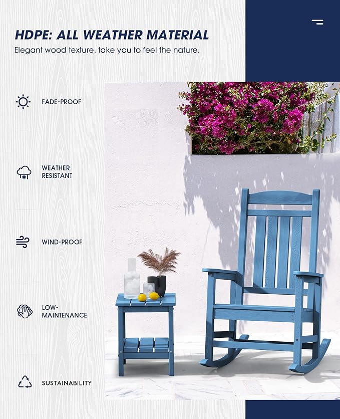 KINGYES HDPE Patio Rocking Chair Set of 2, Outdoor Rocking Chairs Porch Rocker for Adults, Navy