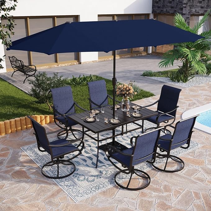 PHI VILLA 8 Piece Patio Dining Set with 13ft Patio Umbrella (Navy Blue), 6 Outdoor Swivel Dining Chairs & 1 Large Metal Dining Table with 1.57" Umbrella Hole, for Lawn Garden Backyard
