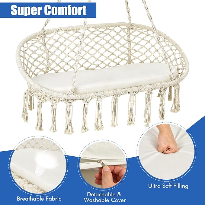 Giantex Hammock Chair 2 Seat, Macrame Hanging Chair with Cushion, Hanging Cotton Ropes, Metal Frame, 440 lbs Capacity Indoor Swing for Hammock Stand, Patio, Balcony, Living Room Hammock Swing