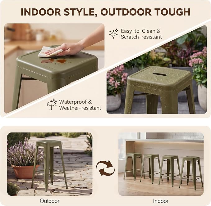 Shahoo 24 Inches Metal Bar Stools Counter Height Stackable Backless Stools, Industrial Patio Stools Indoor Outdoor Metal Kitchen Stools Set of 4 (Gun, 24'')