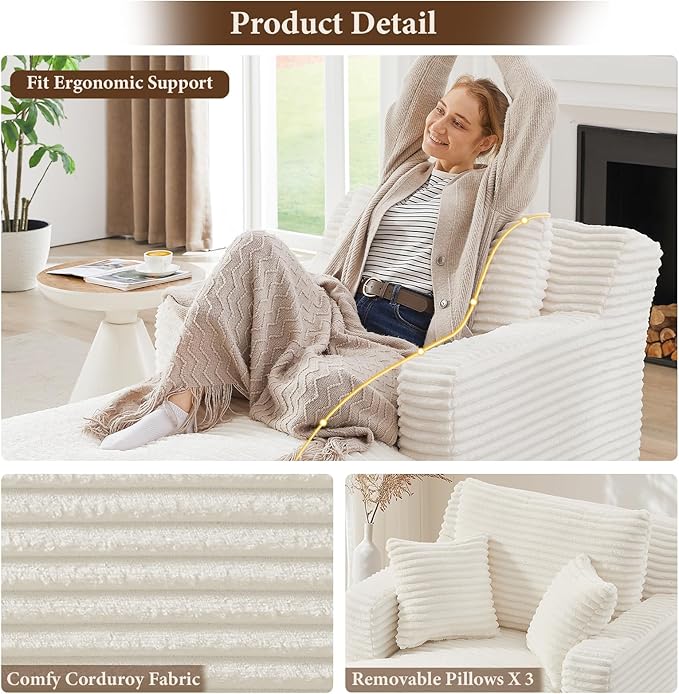 65.4" Chaise Lounge Chair Indoor, Oversized Boneless Couch Comfy Upholstered Sleeper Sofa Bed with 3 Pillows, Corduroy Cloud Reading Chair for Living Room No Assembly Required, White Beige