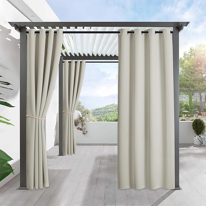 RYB HOME Outdoor Curtains for Patio Waterproof Block Sunlight Thermal Insulated Privacy Assured Thick Outside Curtains for Pergola, Deck, Gazebo, W52" x L108", Natural, 1 Panel