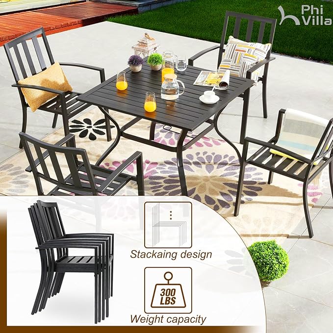 PHI VILLA 5 Piece Outdoor Dining Table Set for 4, 37” Black Square Metal Table with Umbrella Hole & Stackable Wrought Iron Chairs, Outside Furniture Set for Patio, Deck, Porch, Backyard