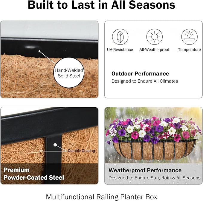 24“ Window Box Railing Planter with Coco Liner Metal Wall-Mounted Coconut Liner Planter Basket English Horse Trough Planters for Outdoor Deck Balcony Porch Fence Patio Black (2 Pack)