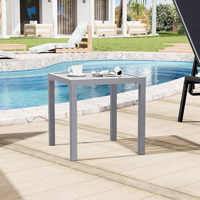 Crestlive Products Outdoor Side Table, Small Square Metal End Table Easy Assembly & Weather Resistant Pool Side Tables for Patio Balcony（Light Gray