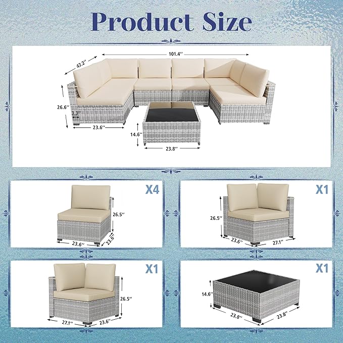 KIGOTY Patio Furniture Set,7 Pieces Modular Outdoor Sectional Sofa, PE Rattan Patio Conversation Set, All Weather Wicker Patio Furniture with Cushions and Coffee Table（Grey White/Grey）