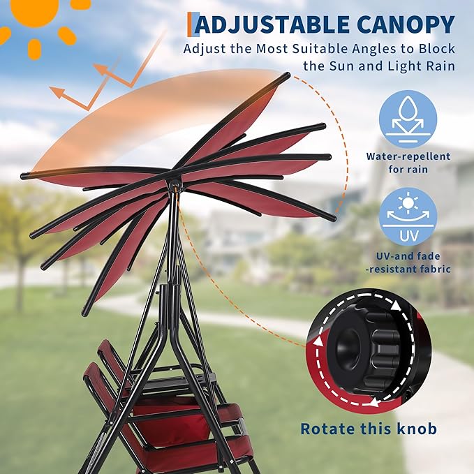 2-Person Porch Swing with Cup Holders, Pivot Storage Table & Cooler Bag, Adjustable Canopy, Black Steel Frame Outdoor Patio Swing for Backyard, Balcony & Poolside
