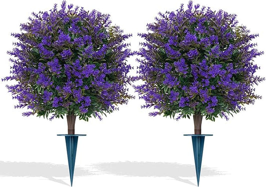 Artificial Lavender Topiary Ball for Outdoors, Set of 2 Boxwood Plant Tree with Spike, Fake Shrubs UV Resistant Faux Plants for Indoor Outdoor Decor