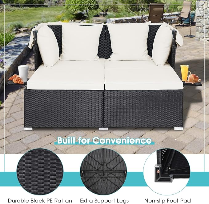 RELAX4LIFE Patio Outdoor Daybed with Canopy, Wicker Sunbed w/Cushions, 4 Pillows & 2 Retractable Side Trays, 2-Person Lounge Bed Conversation for Poolside Porch Garden, Rattan Outdoor Bed (Off White)
