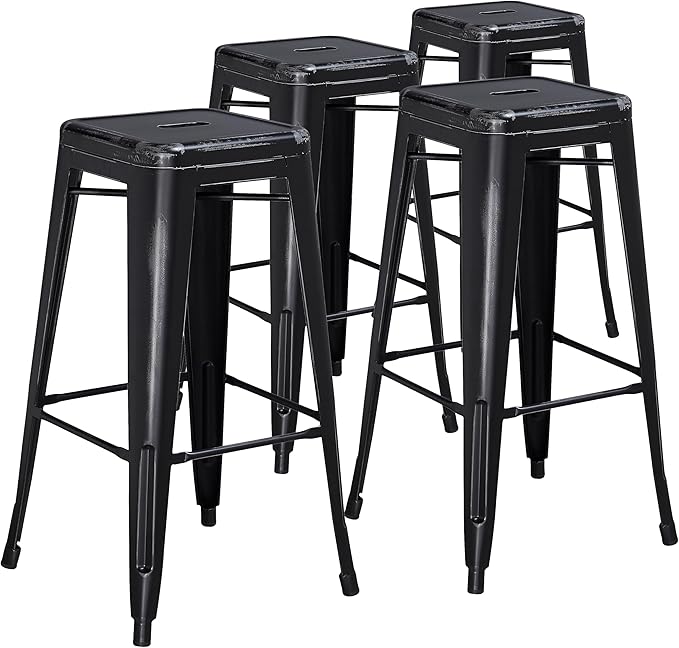Flash Furniture Kai Commercial Grade 4 Pack 30" High Backless Distressed Black Metal Indoor-Outdoor Barstool
