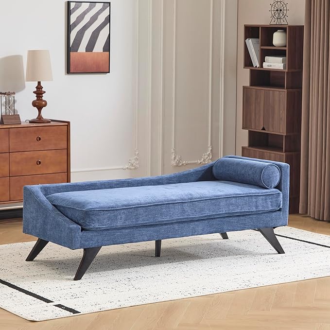Christopher Knight Home Cagle Upholstered Loveseat Sofa with Splayed Legs, Birch Wood Frame Lounge Chair, Living Room Chaise Lounge Chair Indoor, Soft Lounge Sofa with Rolled Accent Pillow, Navy Blue