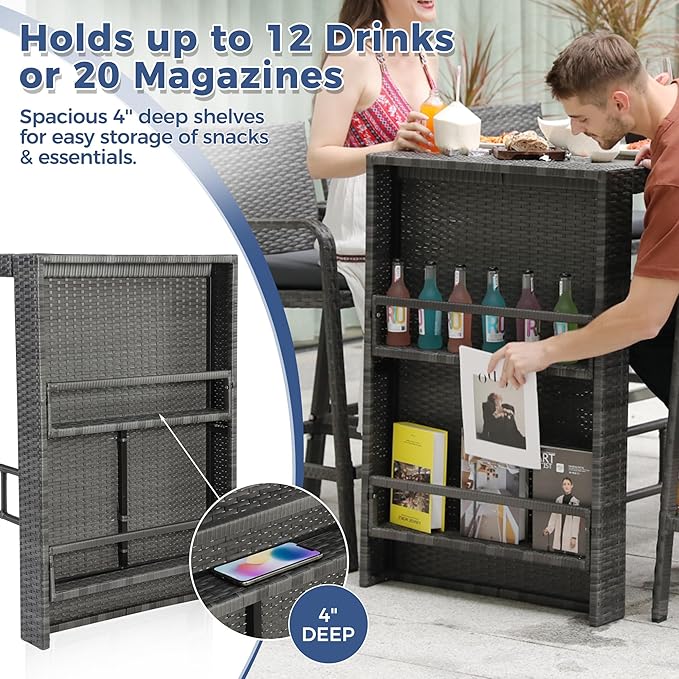 NICESOUL Wicker Outdoor Bar Set 5 Piece, 76" High Top Rattan Bar Table and Chairs Set of 4, Patio Counter Height Dining Table and Stools with Armrest & Cushions for Outside Backyard Poolside, Gray