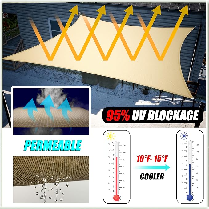 Amgo 10' x 10' x 10' Beige Triangle Sun Shade Sail UPF50+ Canopy Awning AGSLT, 95% UV Blockage, Water & Air Permeable, 200GSM Heavy Duty Commercial and Residential (We Make Custom Sizes)