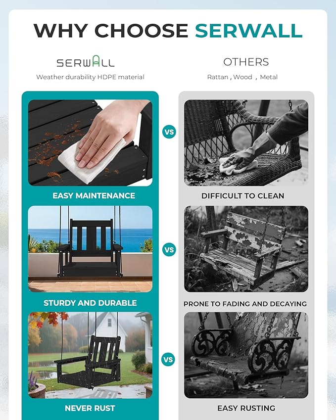 SERWALL HDPE Single Porch Swing Set of 2, Heavy Duty Single Person Swing Chair with 2 Polypropylene Hanging Ropes, Adirondack Hanging Chair for Outdoor Front Porch Patio Garden Yard, Black