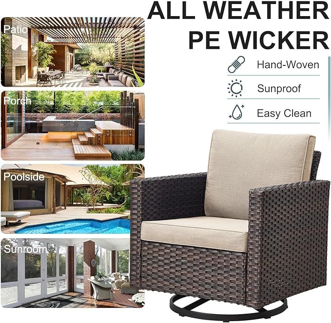 Belord 7 Piece Outdoor Furniture Patio Wicker Sofa Set, Oversize Outdoor Swivel Rocker Chairs with Rattan Ottomans, Conversation Sets Patio Furniture Come with Removable Washable Cushion Beige, Brown
