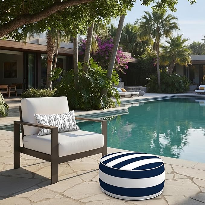 LVTXIII Indoor/Outdoor Inflatable Ottoman with Handle D21 x H9 Inch, Weather-Resistant Round Footstool Pouf for Patio Camping Living Room, Portable Footrest Extra Seating, Cabana Navy