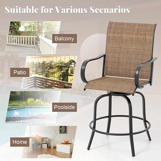 Giantex Set of 2 Swivel Outdoor Bar Stools, All-Weather Bar Height Patio Chairs, 330LBS Capacity, 360 Rotating Outside Bar Chairs with High Back Armrests, for Porch Yard Lawn Garden Pool (Brown)