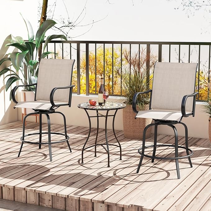 Giantex Set of 2 Swivel Outdoor Bar Stools, All-Weather Bar Height Patio Chairs, 330LBS Capacity, 360 Rotating Outside Bar Chairs with High Back Armrests, for Porch Yard Lawn Garden Pool (Grey)
