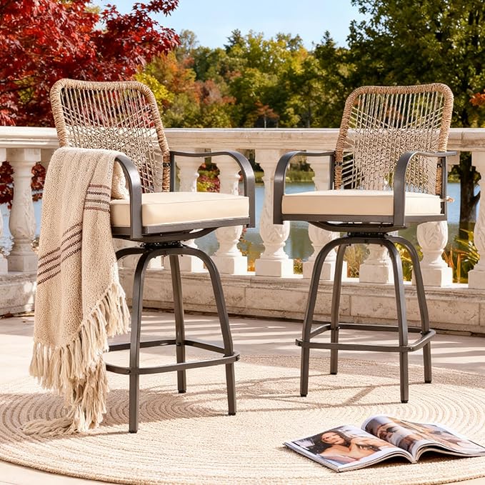 Patio Swivel Bar Stools Set of 2, Outdoor Rattan Height Bar Patio Swivel Chairs with Steel Frame and Thickened Cushion for Garden, Balcony, Lawn and Backyard (Rattan Brown)