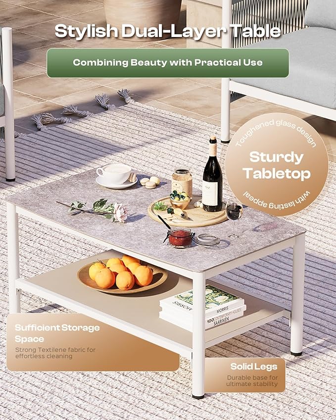 Aluminum Outdoor Patio Furniture Set with Dual-Layer Coffee Table, 4 Piece Modern Patio Conversation Sets with PE Rope, Outdoor Sectional Sofa with Thick Cushions for Balcony, Porch, White