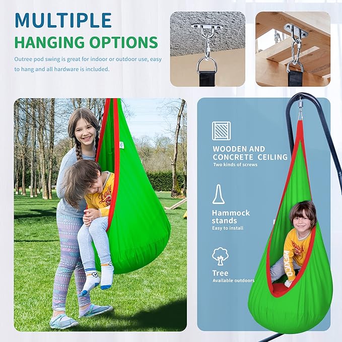 OUTREE Kids Pod Swing Seat, Cotton Child Hammock Swing Chair, Sensory Swing for Indoor and Outdoor Use, Green