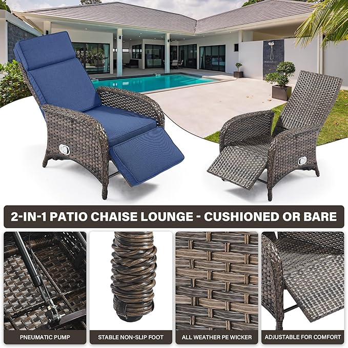 Belord 5 Piece Patio Furniture Set with Recliner Chair - Removable Outdoor Patio Couch Set, Chaise Lounge Chair Outdoor with Adjustable Backrest and Footrest for Casual Gathering Brown