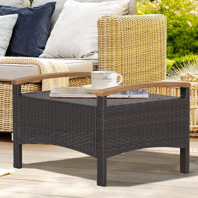 RELAX4LIFE Outdoor Wicker Ottomans for Patio - 2 Pieces PE Rattan Ottoman, Footrest Seat with Zippered Cushions, Acacia Wood Handles, 3-in-1 Footstool, Side Table for Poolside, Backyard (Brown)