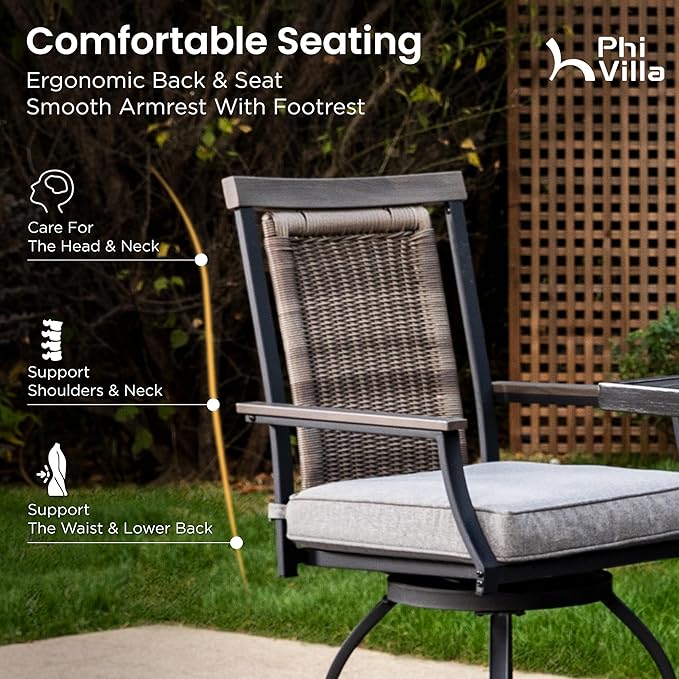 PHI VILLA 3 Piece Outdoor Bar Furniture Set, Counter Height Patio Bar Bistro Table (Square) & Rattan Wicker Bar Stools Chairs with All Weather Cushions for Backyard, Deck and Porch
